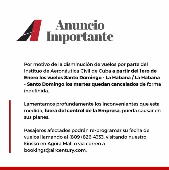 Air Century cancela de manera indefinida sus vuelos entre SD y La Habana