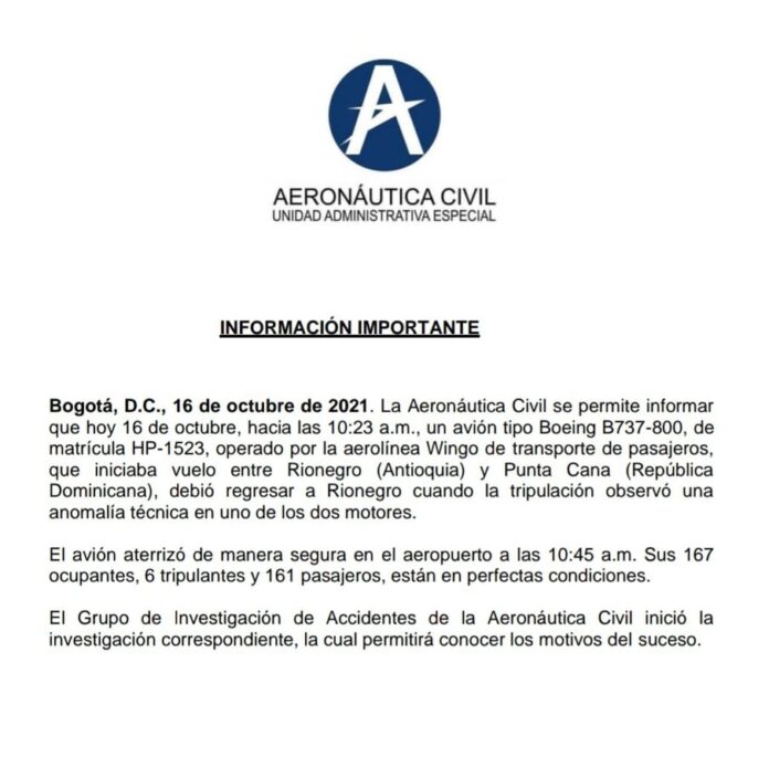 Avión de la colombiana Wingo no pudo aterrizar en Punta Cana por falla técnica