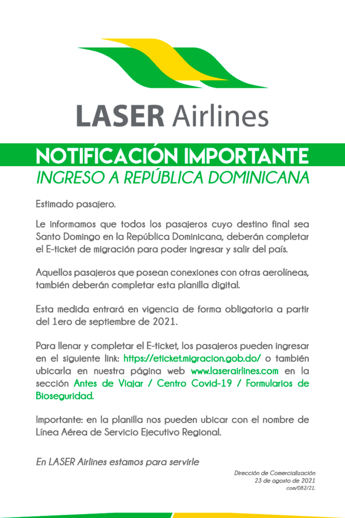 Laser informa a sus pasajeros requisito de registro electrónico en RD